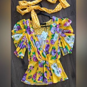 NWT yellow floral ZARA shirt with belt